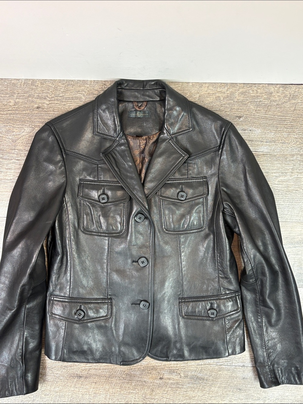 Wilsons Leather Black Genuine Leather Moto Jacket Paisley Lined Women’s Small